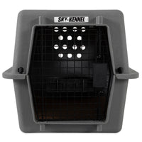 The Petmate 21 Sky Kennel Replacement Door is a black metal wire door for the gray plastic travel crate. It meets IATA standards, features top ventilation holes and sturdy side handles, ensuring comfort and security for pets during travel.