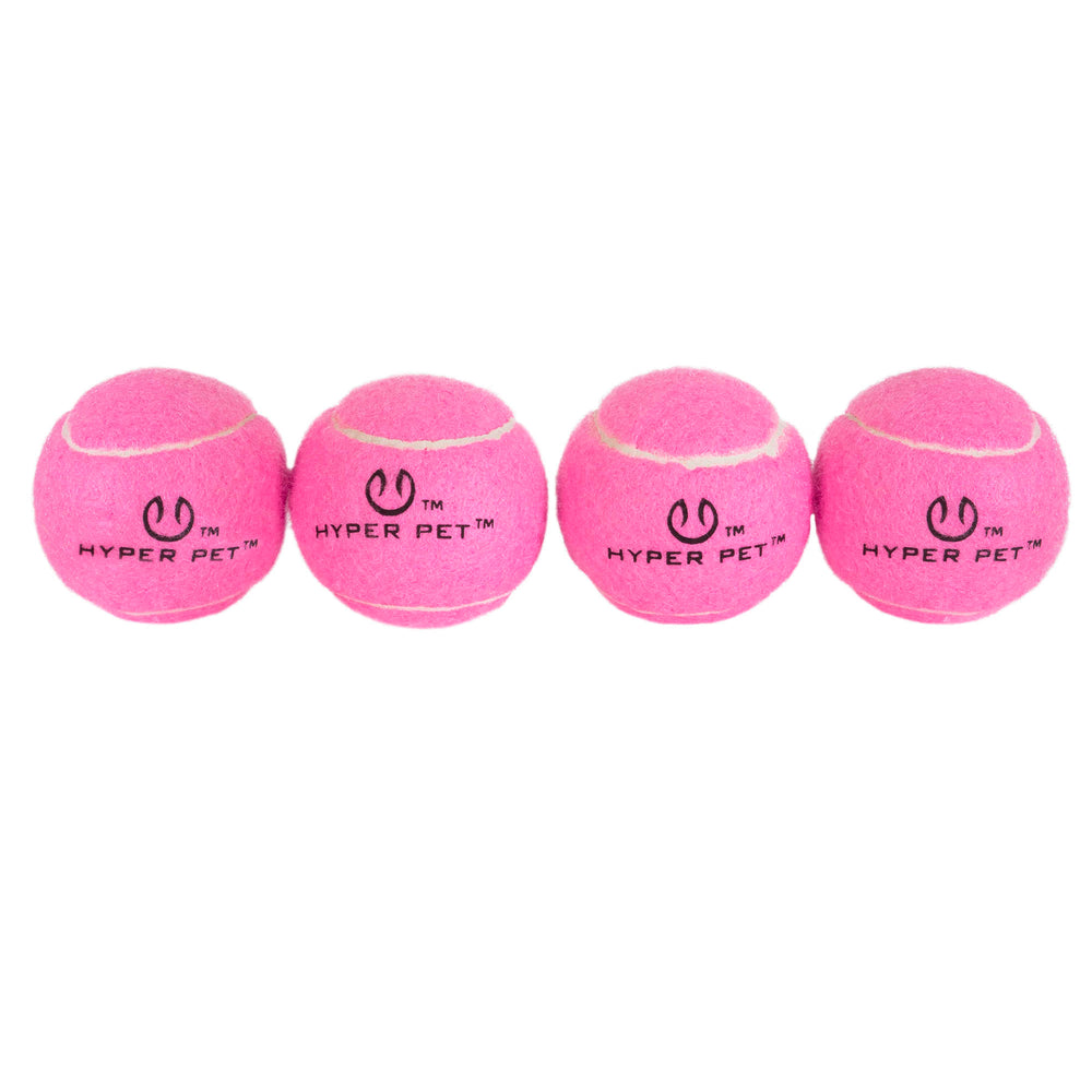 The Hyper Pet Pink Tennis Balls 4 Pack features four bright pink balls ideal for dog toys, each marked with the prominent Hyperpet brand and a black logo on white. Compatible with ball launchers for endless fun.