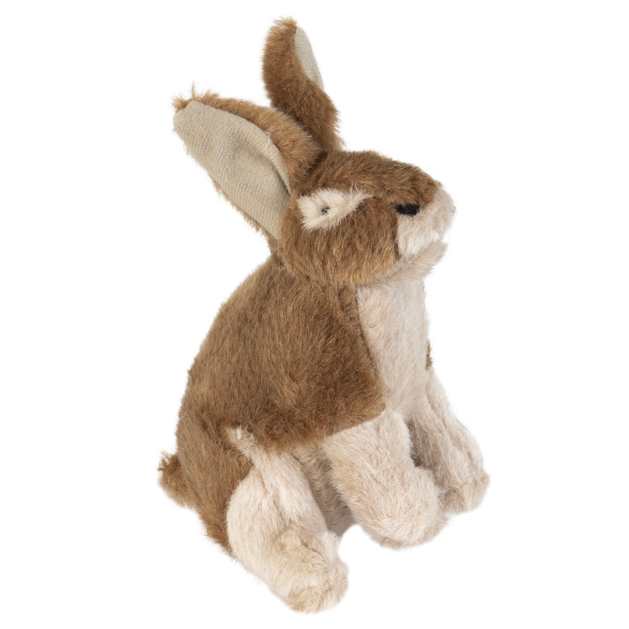 The Hyperpet Wildlife Rabbit Dog Toy With Squeaker features soft brown and beige fur, floppy ears, and a small tail, sitting upright. Ideal for pet parents, this plush toy offers endless amusement with gentle squeakers.