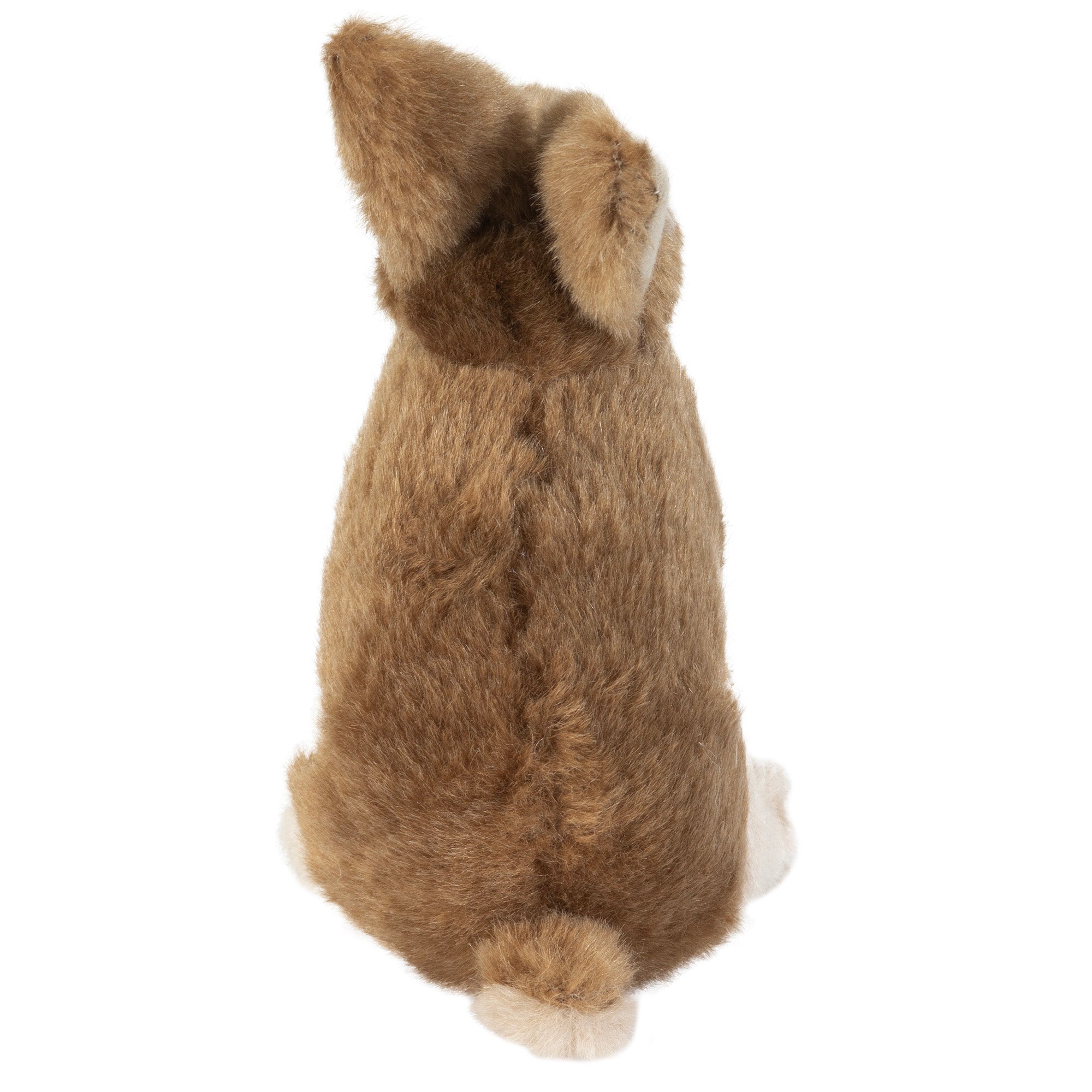 Back view of a Hyperpet Wildlife Rabbit Dog Toy in brown and white with long ears, fluffy tail, and soft fur. This plush bunny is sitting down facing away—a delightful addition for pet parents.