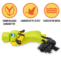 The Hyper Pet Flying Pig Interactive Dog Toy by Hyperpet is an animal-shaped toy in green and yellow, with a black tail and playful expression. It can launch up to 10 feet like a slingshot, floats in water, and is made from durable ballistic material for endless fun.