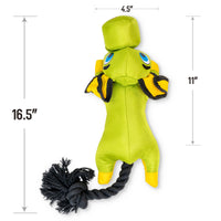 The Hyperpet Flying Pig Interactive Dog Toy, a vivid green fabric lizard with blue eyes, yellow limbs, and a black rope tail, measures 16.5 tall by 11 wide with a 4.5 head. Made from durable ballistic material for slingshot fun, its perfect for energetic pups!.