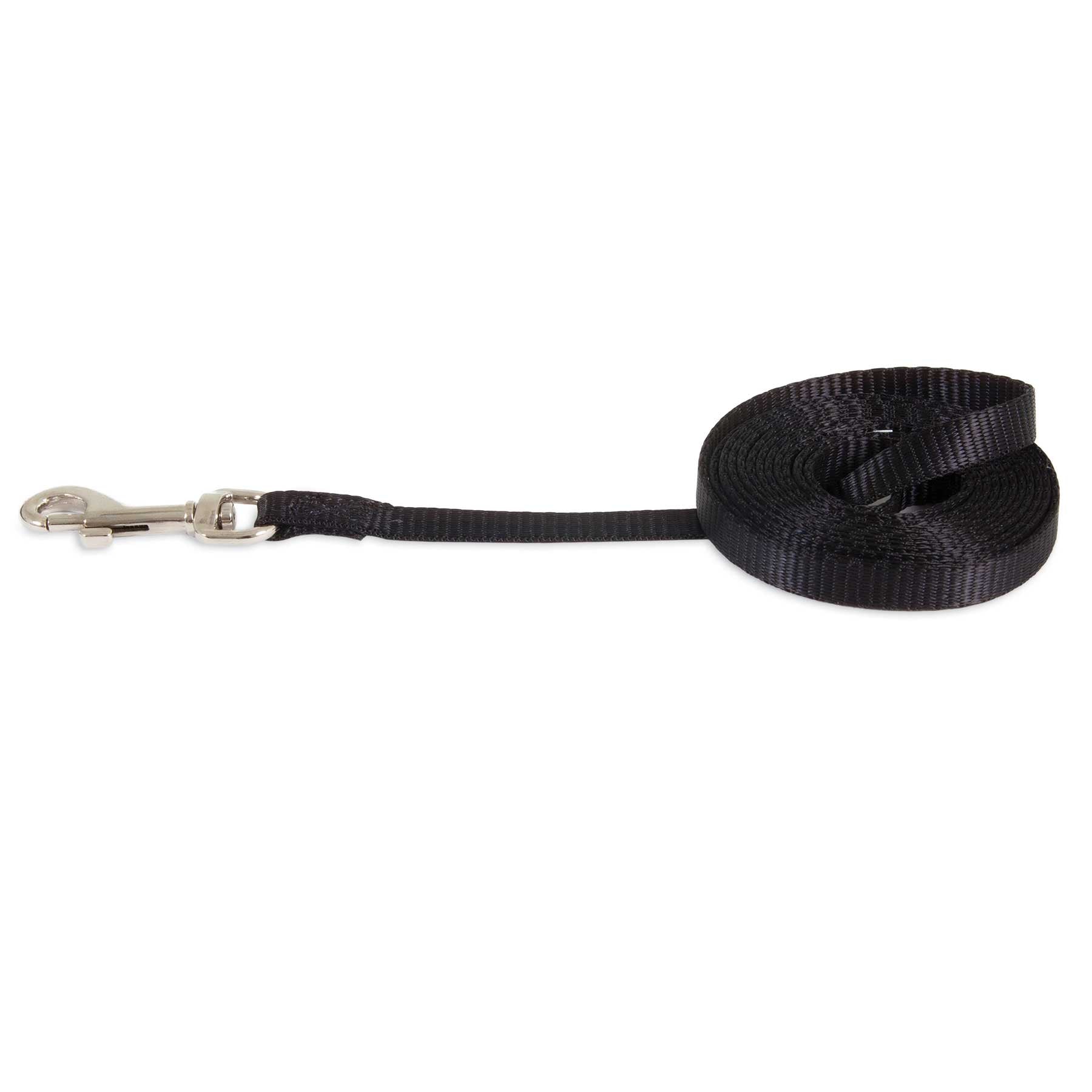 A coiled black Petmate lead with a silver clasp from the Essential New Dog Bundle is neatly arranged, extending slightly to the clasp, against a plain white background.