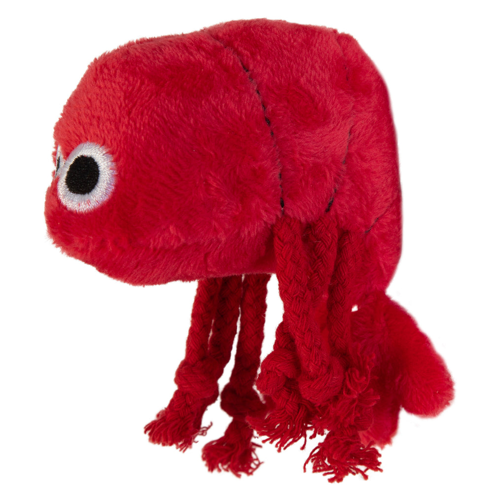 The Mad Cat Pouncin Prawn Catnip & Silvervine Cat Toy resembles a round red octopus with googly eyes and offers multiple dangling tentacles and a fuzzy texture for feline play, infused with silvervine to keep cats entertained.