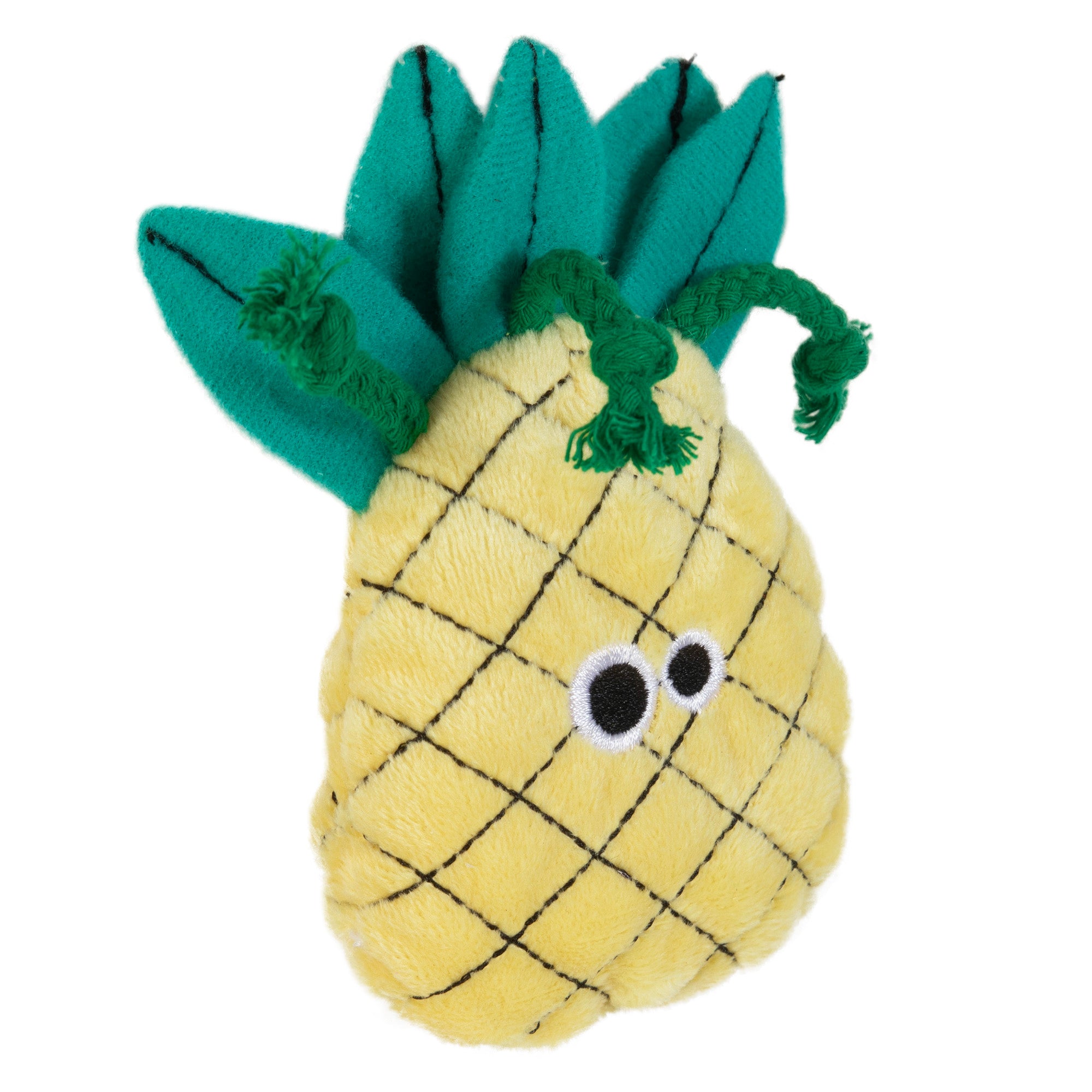 The Mad Cat Purrfect Pineapple Catnip & Silvervine Cat Toy by Mad Cat features a plush pineapple shape with green leaves, embroidered eyes, and a yellow body with black crisscross lines. Infused with catnip, its perfect as a delightful toy for cats.