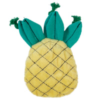 The Mad Cat Purrfect Pineapple Catnip & Silvervine Cat Toy is a plush pineapple-shaped cat toy with a yellow body, black stitched lines, and green plush leaves, designed to engage cats.