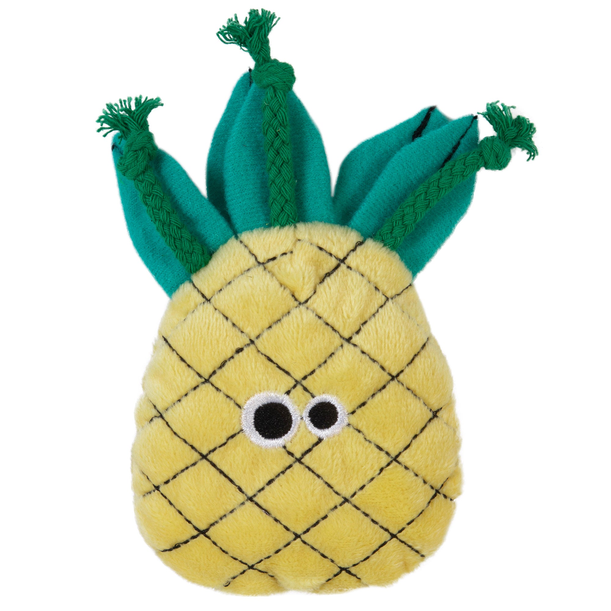 The Mad Cat Purrfect Pineapple Catnip & Silvervine Toy by Mad Cat is ideal for cats, featuring a pineapple shape with green leaves and cartoon eyes. Its yellow body has black lines like a real pineapple and is infused with catnip for endless fun.