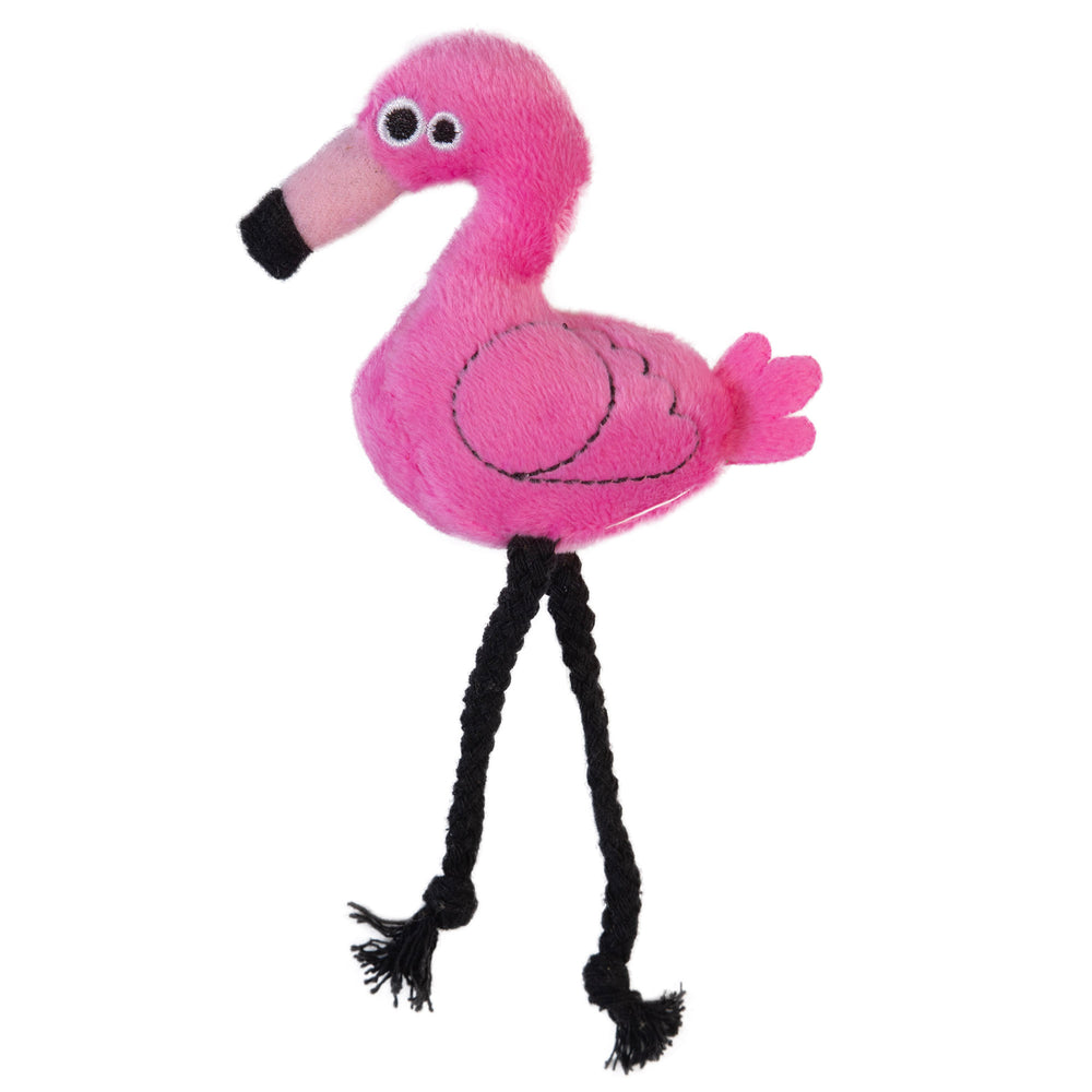 Meet the Mad Cat Flingin Flamingo, a delightful pink plush cat toy with googly eyes, stitched wing details, and long tassel-ended legs. Infused with catnip for enticing play, it features a black beak tip and vibrant coloring.