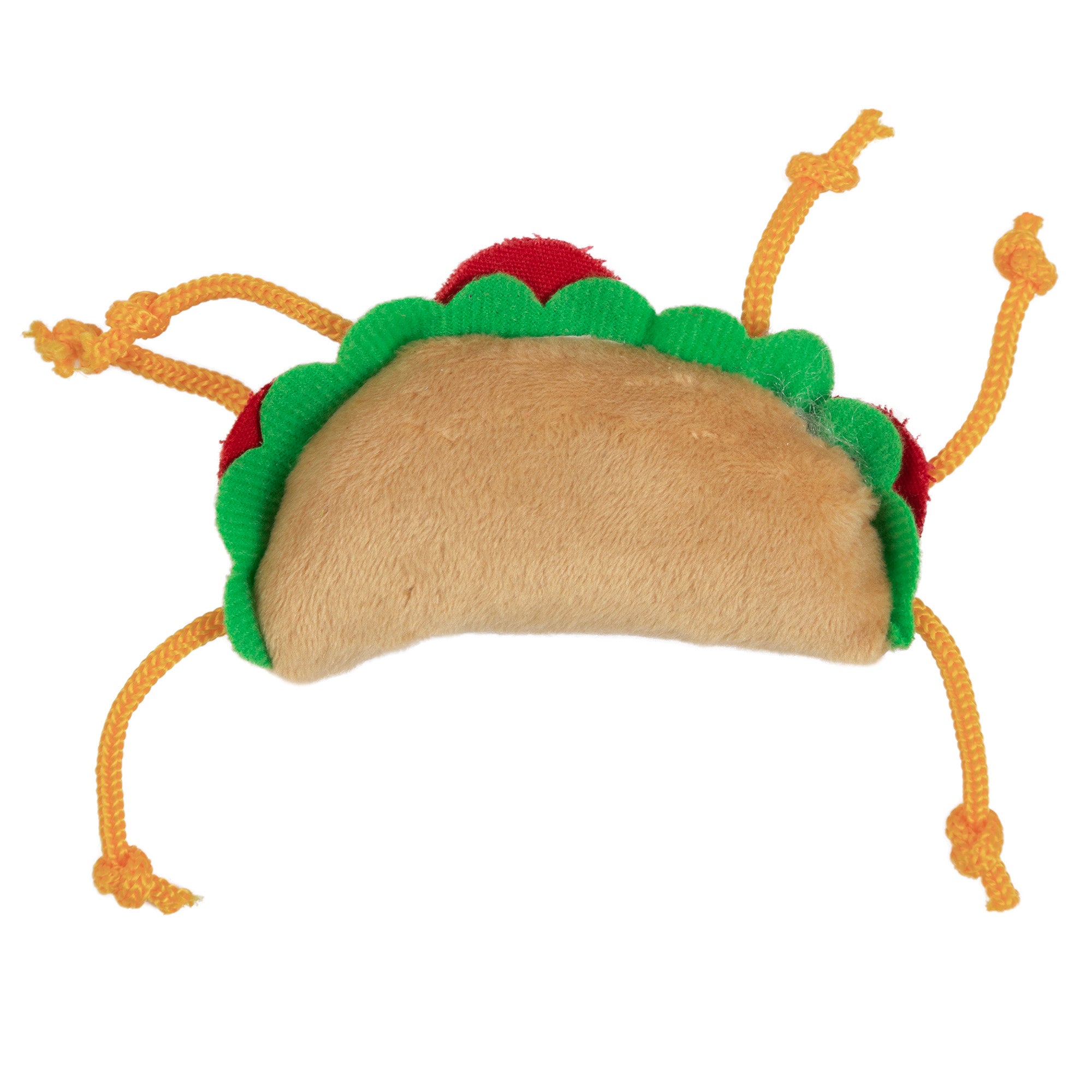 Introducing the Mad Cat Tabby Taco Catnip & Silvervine Cat Toy, a plush taco-shaped toy for your feline. With a tan fabric shell, green and red accents for lettuce and tomato, yellow rope strands as toppings, and infused with silvervine for endless entertainment!.