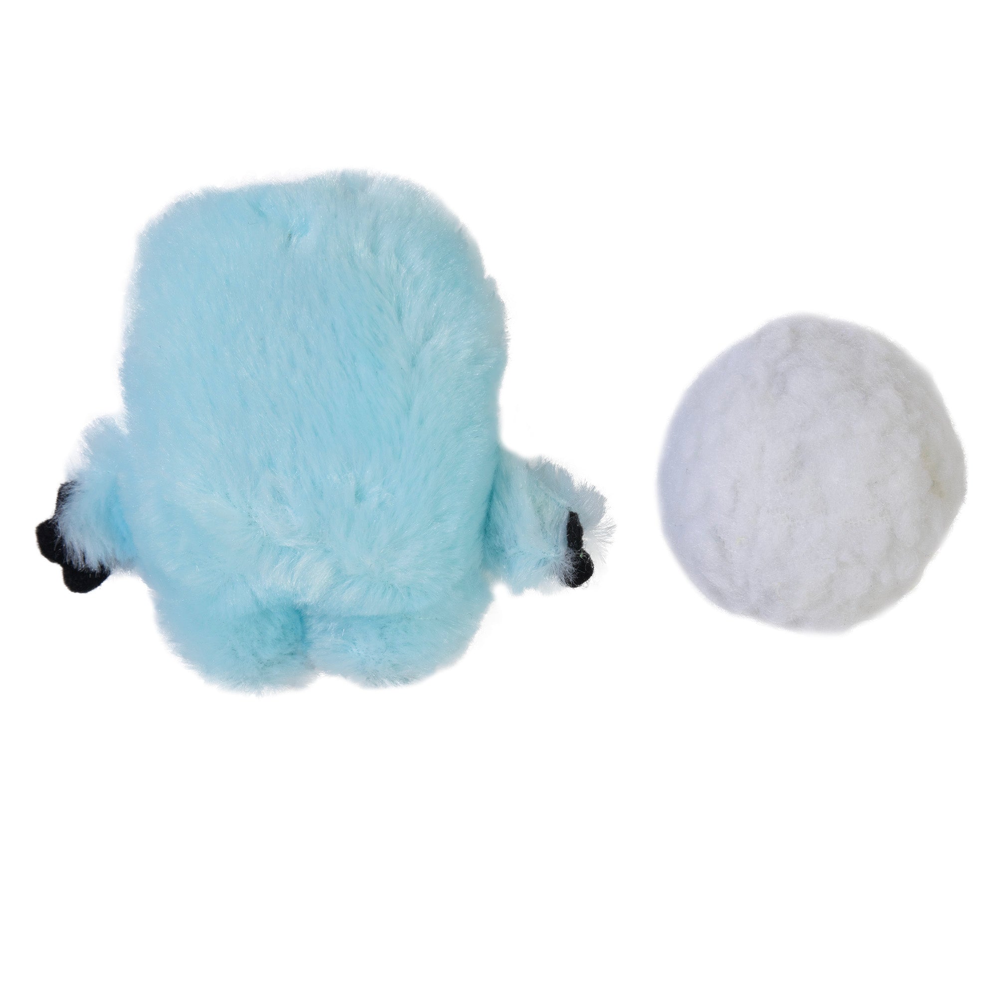 The Mad Cat Yowlin Yeti, a plush blue animal-shaped toy with black paws, sits next to a white fluffy ball infused with silvervine from the Mad Cat brand on a plain white background.