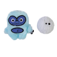 The Mad Cat Yowlin Yeti Catnip & Silvervine Cat Toy features a blue furry plush toy with circular ears and a dark blue face, alongside a white fluffy object with black eyes. This delightful duo is designed to thrill cats against a plain white background.