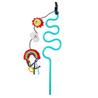 The Mad Cat Rainbow Chaser Wand with Catnip & Silvervine Cat Toy is a wavy, turquoise rod featuring cute felt decorations—a smiling yellow sun, a fluffy white cloud with eyes, and a vibrant rainbow with hanging squiggly lines—perfect for hours of feline entertainment.