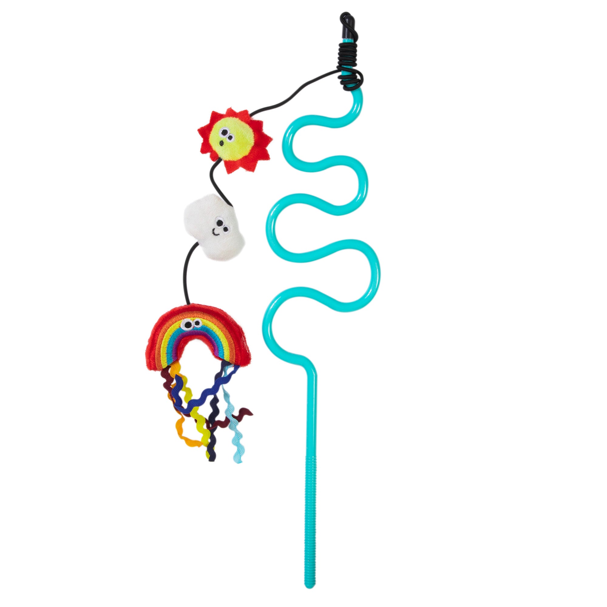 The Mad Cat Rainbow Chaser Wand with Catnip & Silvervine Cat Toy is a wavy, turquoise rod featuring cute felt decorations—a smiling yellow sun, a fluffy white cloud with eyes, and a vibrant rainbow with hanging squiggly lines—perfect for hours of feline entertainment.