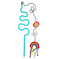 The Mad Cat Rainbow Chaser Wand features a turquoise curly straw adorned with a fabric sun and cloud. Below, a dangling rainbow with wavy rays playfully resembles a cat toy, attached by black string.