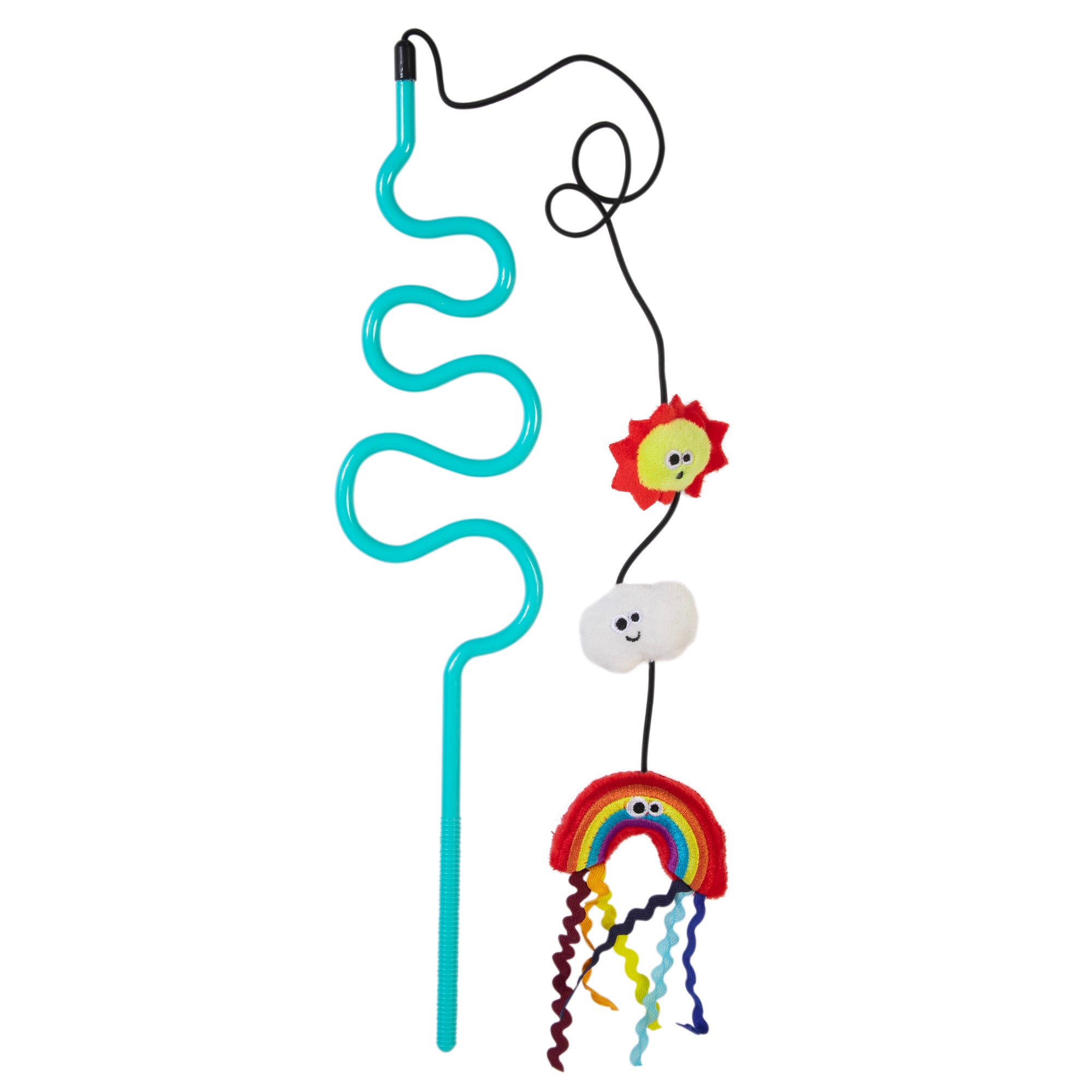 The Mad Cat Rainbow Chaser Wand features a turquoise curly straw adorned with a fabric sun and cloud. Below, a dangling rainbow with wavy rays playfully resembles a cat toy, attached by black string.