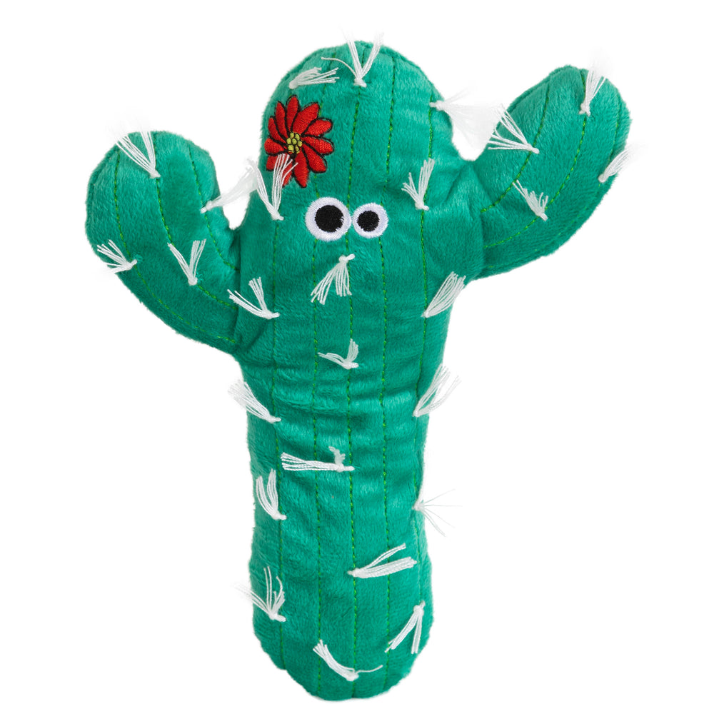 The Mad Cat Big Cactus Kicker Catnip & Silvervine Cat Toy, by Mad Cat, features a plush green cactus with arms, googly eyes, and a stitched red flower. White threads mimic thorns, and its infused with catnip to delight your feline friend.