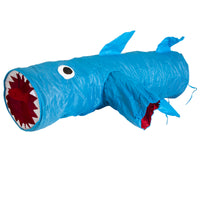 The Mad Cat Jumpin Jaws Shark 38 Tunnel features a large, shark-themed open mouth with white teeth and a red interior. With side fins and an eye on top, its perfect for agility training or entertaining your cat in a fun cartoonish style.