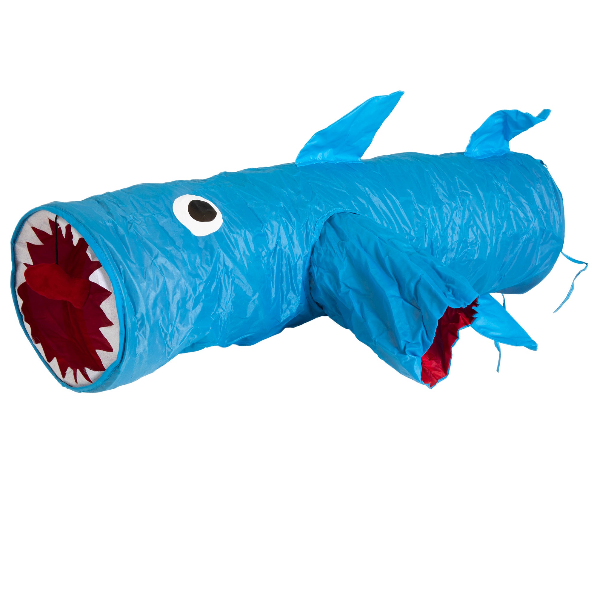 The Mad Cat Jumpin Jaws Shark 38 Tunnel features a large, shark-themed open mouth with white teeth and a red interior. With side fins and an eye on top, its perfect for agility training or entertaining your cat in a fun cartoonish style.