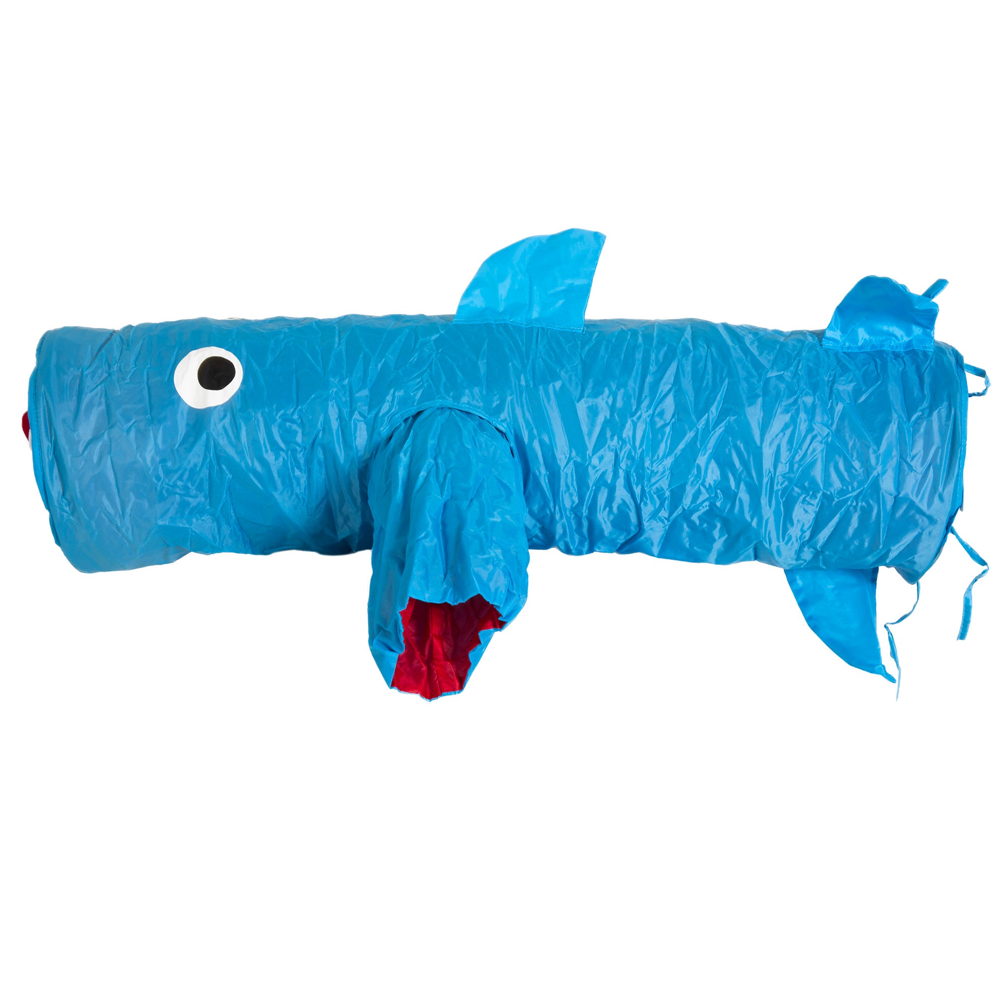 The Mad Cat Jumpin Jaws Shark 38 Tunnel offers interactive fun with its fish shape, fins, and large eye. It features a main opening and a smaller side entrance. The red interior adds excitement, making it perfect for cat agility training or imaginative adventures!.