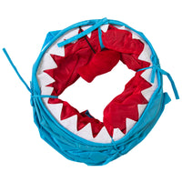 The Mad Cat Jumpin Jaws Shark Tunnel is a blue circular costume with a red interior and white teeth, designed for the head. Perfect for interactive fun, it doubles as a themed cat tunnel to add agility training for those seeking a playful twist.