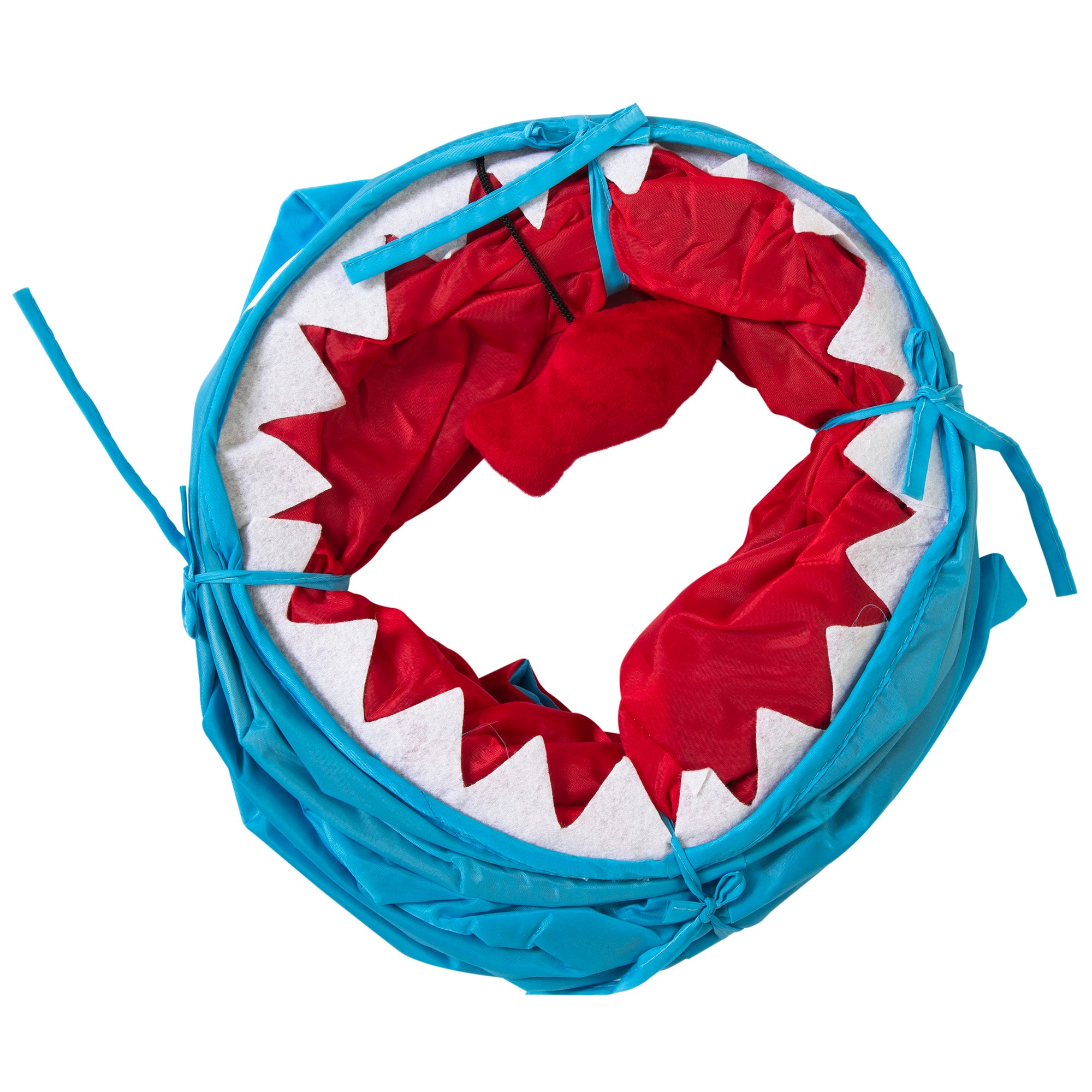 The Mad Cat Jumpin Jaws Shark Tunnel is a blue circular costume with a red interior and white teeth, designed for the head. Perfect for interactive fun, it doubles as a themed cat tunnel to add agility training for those seeking a playful twist.