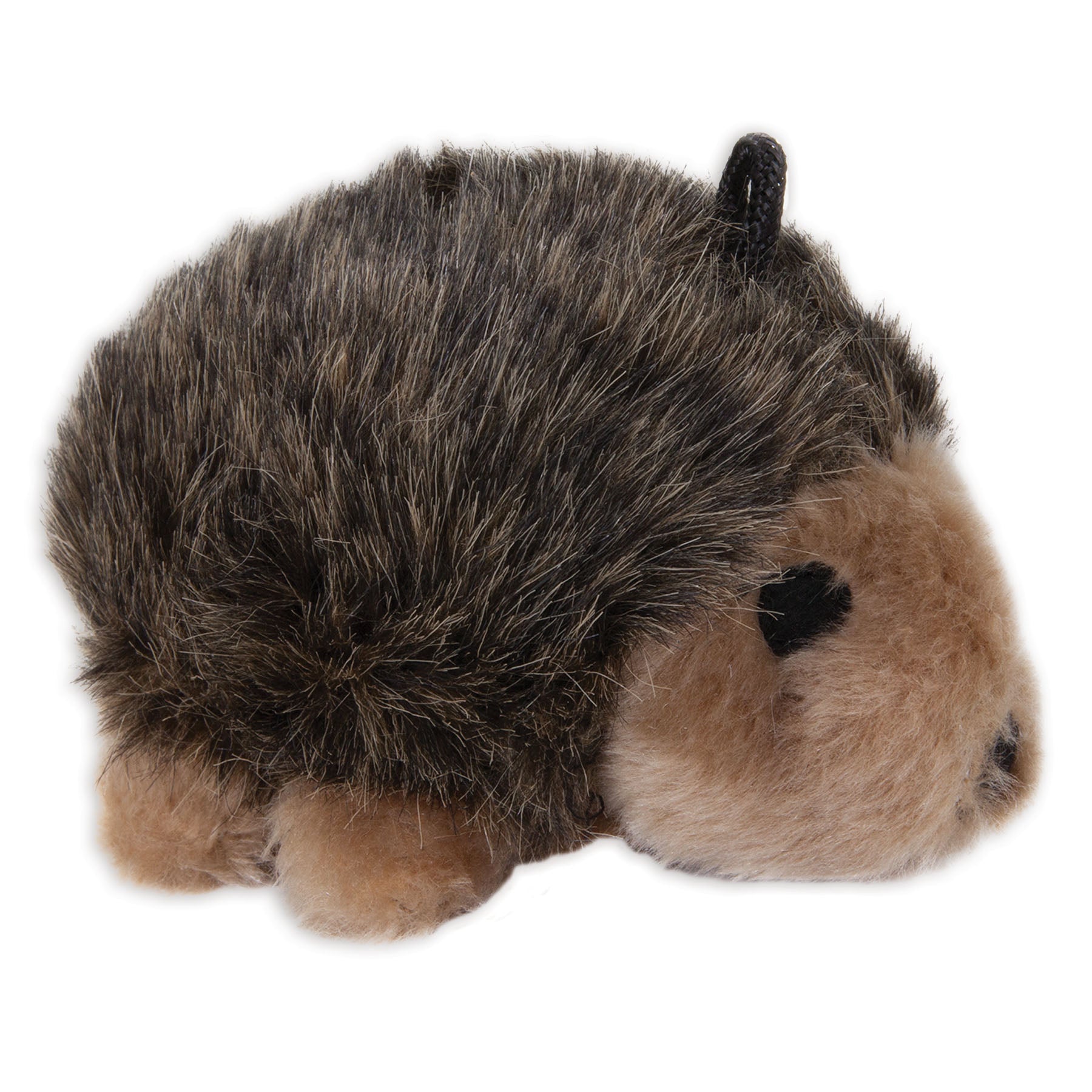 The Zoobilee Plush Hedgehog Dog Toy by Zoobilee is a top-quality plush toy for light to moderate chewing, featuring a round, fluffy hedgehog design with dark back fur, lighter beige face and legs, and small black eyes and ears.