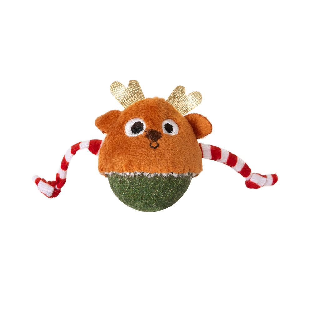 The Mad Cat Catnip Bobbler Roll Around Reindeer, from Mad Cat, features a plush reindeer perched on a green ball. Its whimsical design includes an orange face, gold antlers, striped red and white arms, wide black eyes, and a brown nose, making it irresistible for playful kitties.