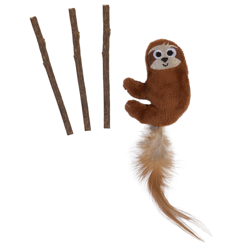 The Mad Cat Refillable Sloth Catnip Toy by Mad Cat features a brown sloth with embroidered eyes and a fluffy tail, alongside three vertical brown sticks. Filled with premium catnip, its perfect for keeping indoor cats active and entertained.