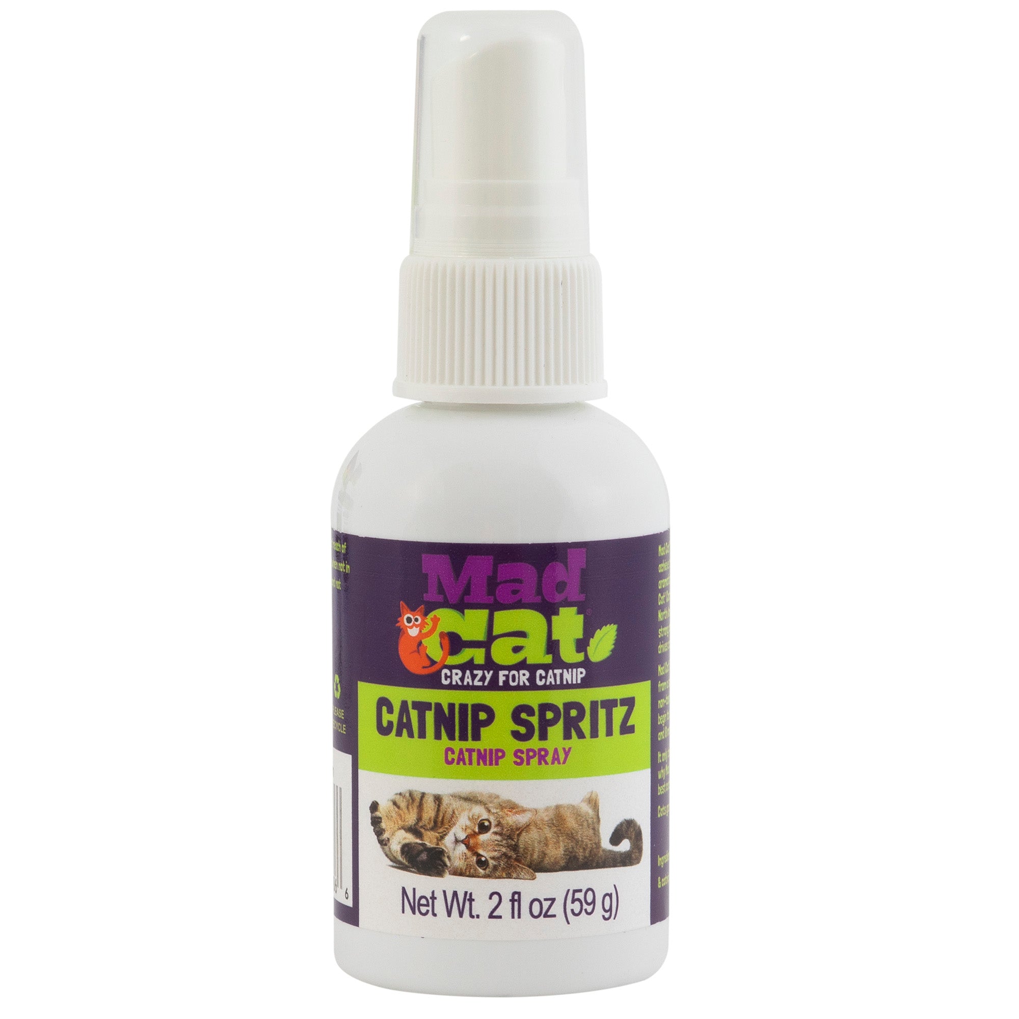 Mad Cat Frisky Spritz Catnip Spray, 2 oz., is packed with North American Catnip Oil. Its label features a playful cat graphic and the phrases Crazy for Catnip and Catnip Spray in purple, green, and white, ideal for enhancing cat toys.