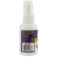 A 2 oz. white Mad Cat Frisky Spritz Catnip Spray bottle with a purple label featuring a playful cat illustration advises keeping out of childrens reach and suggests use with cat toys. It includes a barcode, recycling symbol, and is infused with North American Catnip Oil.