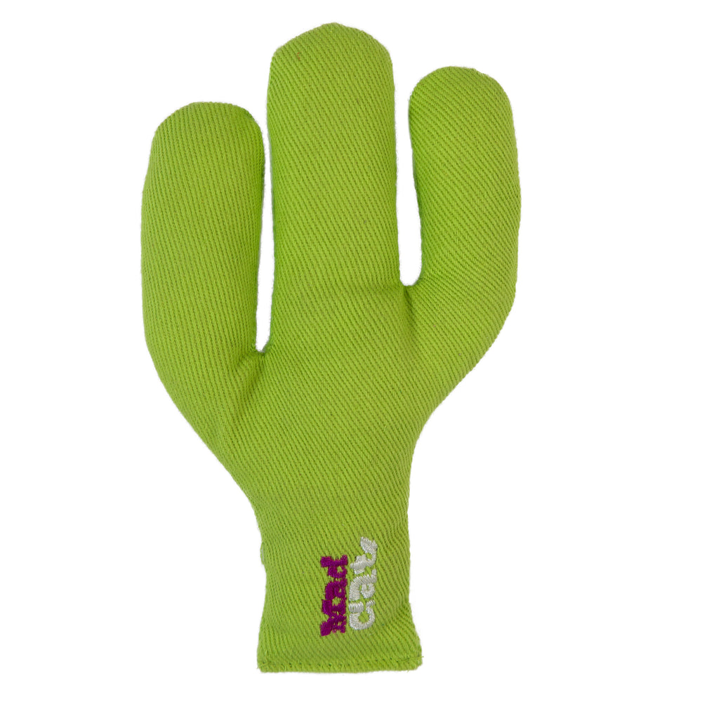 The Mad Cat Dizzy Desert Catnip Cat Toy is a lime green glove with three fingers resembling a cactus, featuring textured fabric perfect for catnip play. Hand clean is printed in purple and white at the base, offering mental stimulation for cats while ensuring fun playtimes.