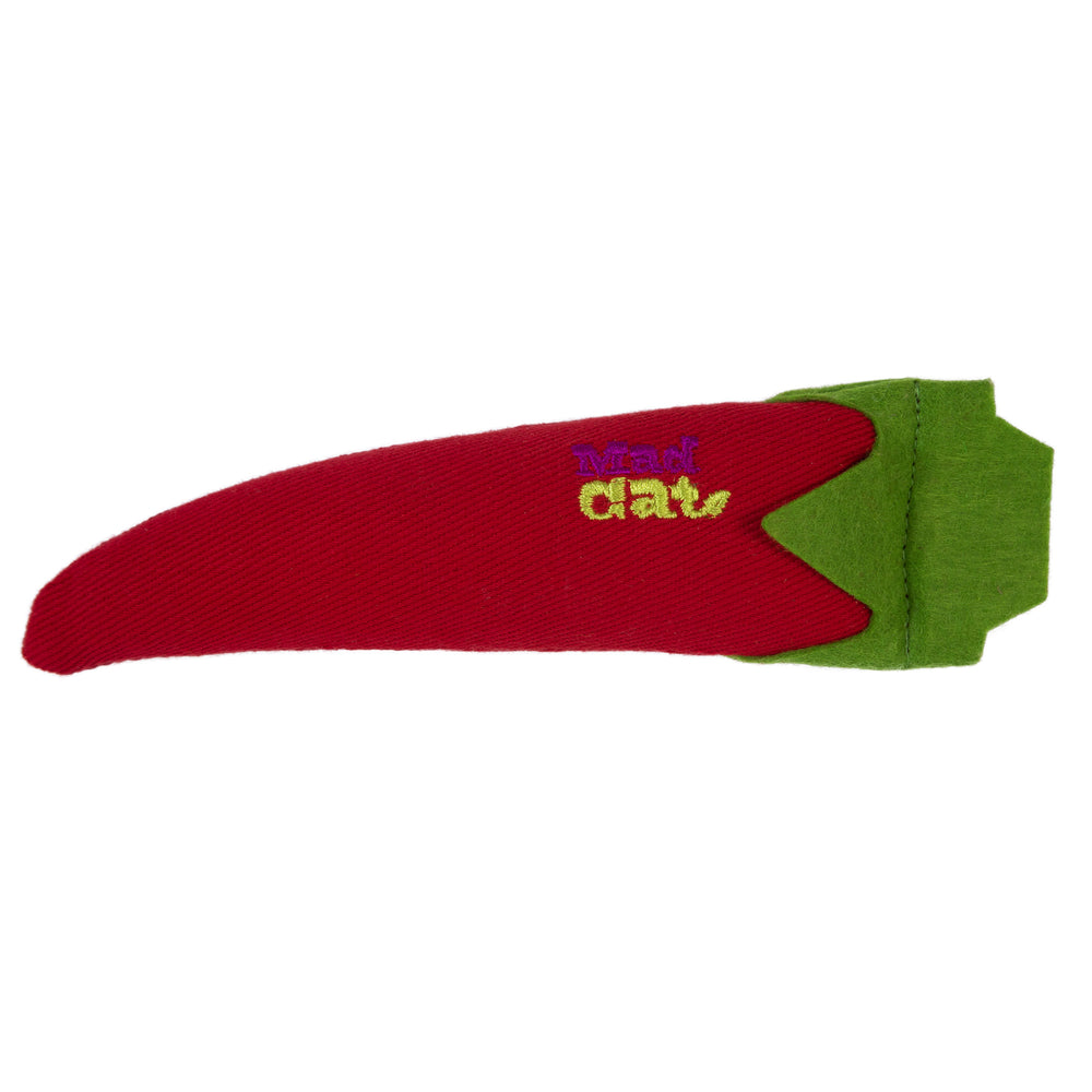 The Mad Cat Hot Peppurr Catnip Toy is a red chili pepper-shaped plush with a green top and small purple and yellow text. Infused with silvervine, its an exciting catnip alternative perfect for playful cats.