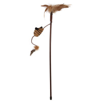 Introducing the Mad Cat Safari Squeak Wand Cat Toy: a captivating plaything with a dark stick, tiger-striped plush, brown and tan feathers, premium catnip, and an electronic mouse sound for irresistible feline fun.