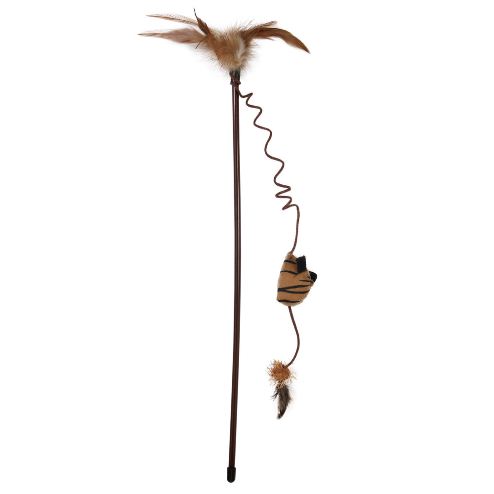 Discover the Mad Cat Safari Squeak Wand Cat Toy: a brown toy with a long stick and wavy string, featuring a tiger-striped plush, feathers, a bell, and an electronic mouse sound for thrilling feline entertainment.