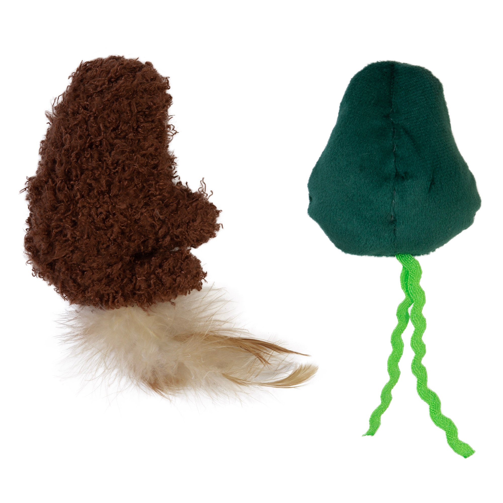 The Mad Cat Sloth A Cado set includes two toys: a brown one with a fluffy, textured surface and feathers infused with silvervine, and a green toy shaped like a fruit or vegetable with green fabric stems and soft plush textures.