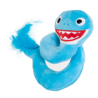 The Mad Cat Shark Twisty Kicker With Catnip & Silvervine is a blue toy designed for cats, featuring a snake-like shape, smiling face, big round eyes, red mouth with white teeth, fuzzy tail, and looped body. Infused with enticing catnip and silvervine for endless feline fun.