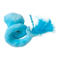 The Mad Cat Shark Twisty Kicker with Catnip & Silvervine is a soft, fuzzy blue plush cat toy shaped like a coiled tail with bright blue feathers at one end, creating an enticing playtime experience for pets.