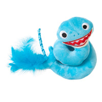 The Mad Cat Shark Twisty Kicker Cat Toy features a plush snake with a cartoonish face, wide eyes, and a red mouth with white teeth. Its bright blue design includes a feathery tail and dotted ribbon. Filled with catnip and silvervine, its perfect for captivating your feline companions.