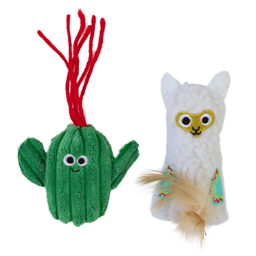 The Mad Cat Lucky Llama with Catnip & Silvervine features a llama with embroidered face details and feathers, alongside a playful green cactus toy with red string and googly eyes. Both toys are catnip-infused, perfect for entertaining your feline friend.