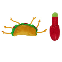 Mad Cat Taco Tuesday plush toys by Mad Cat, shaped like a taco with green lettuce and yellow tortilla, and a red chili pepper with a green stem on a white background, are infused with catnip to delight your feline friend—perfect for Taco Tuesday fun!.