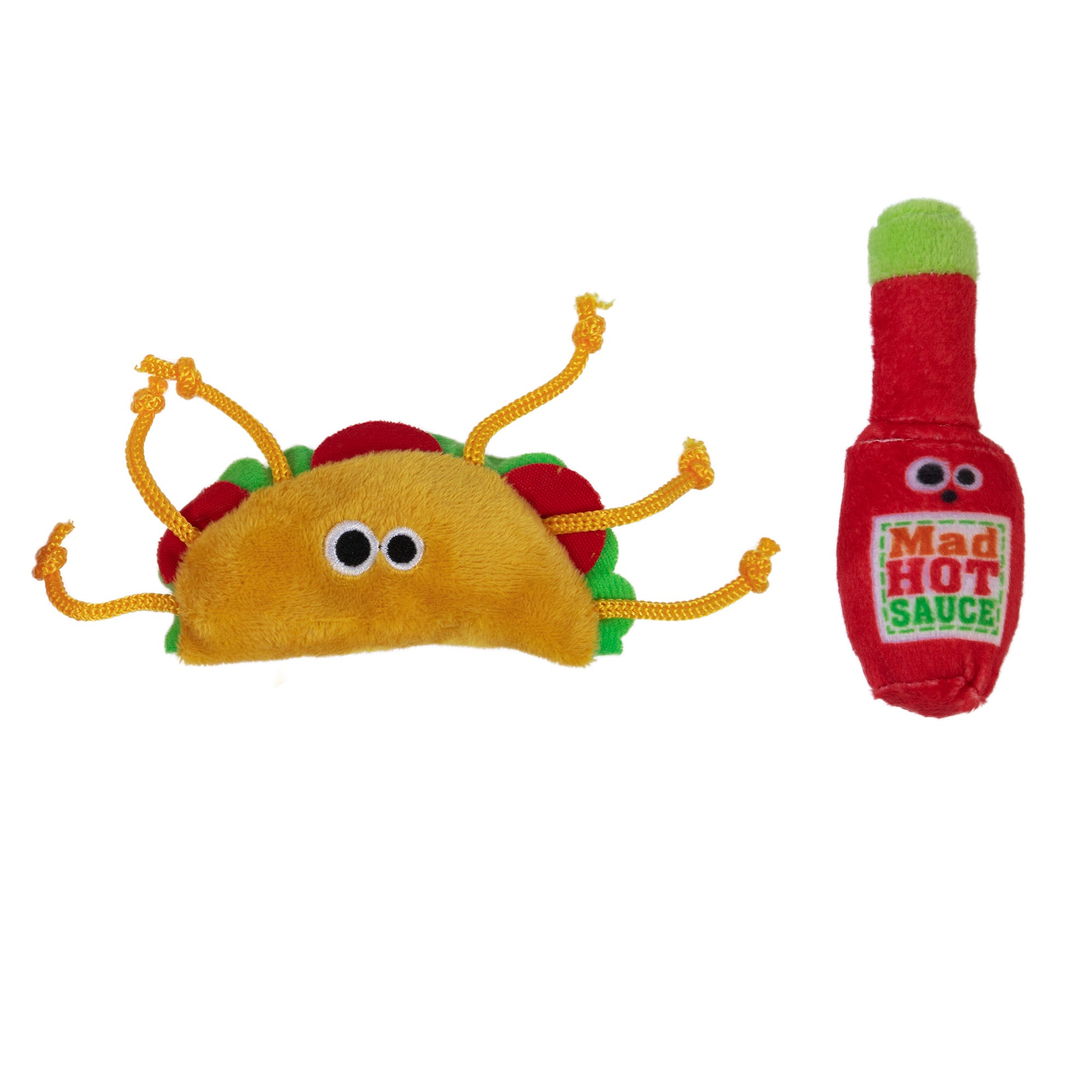 The Mad Cat Taco Tuesday set includes a plush taco with googly eyes, yellow shell, and red/green filling, alongside a Mad Hot Sauce red plush bottle with a green cap. Infused with catnip, these toys are perfect for feline fun!.