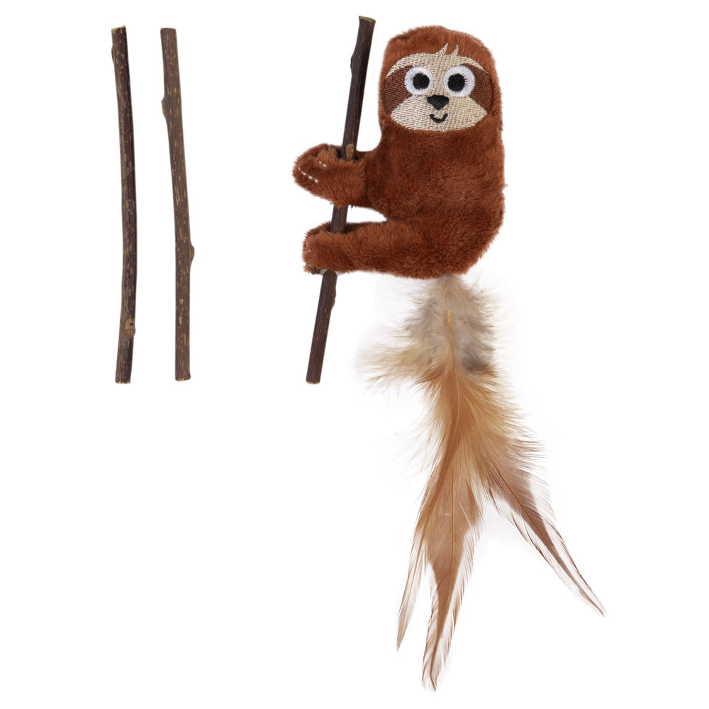 The Mad Cat Sloth With Catnip & Silvervine Toy by Mad Cat is a brown plush sloth with a smiling face and long feathered tail, holding a twig. It doubles as an enticing cat toy with the allure of silvervine. Three additional twigs are arranged vertically next to it.