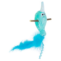 The Mad Cat Narwhal Cat Toy With Silvervine is a teal, plush toy with a sparkly horn and smiling face. It has a long feathered tail and crinkle wand for interactive play.