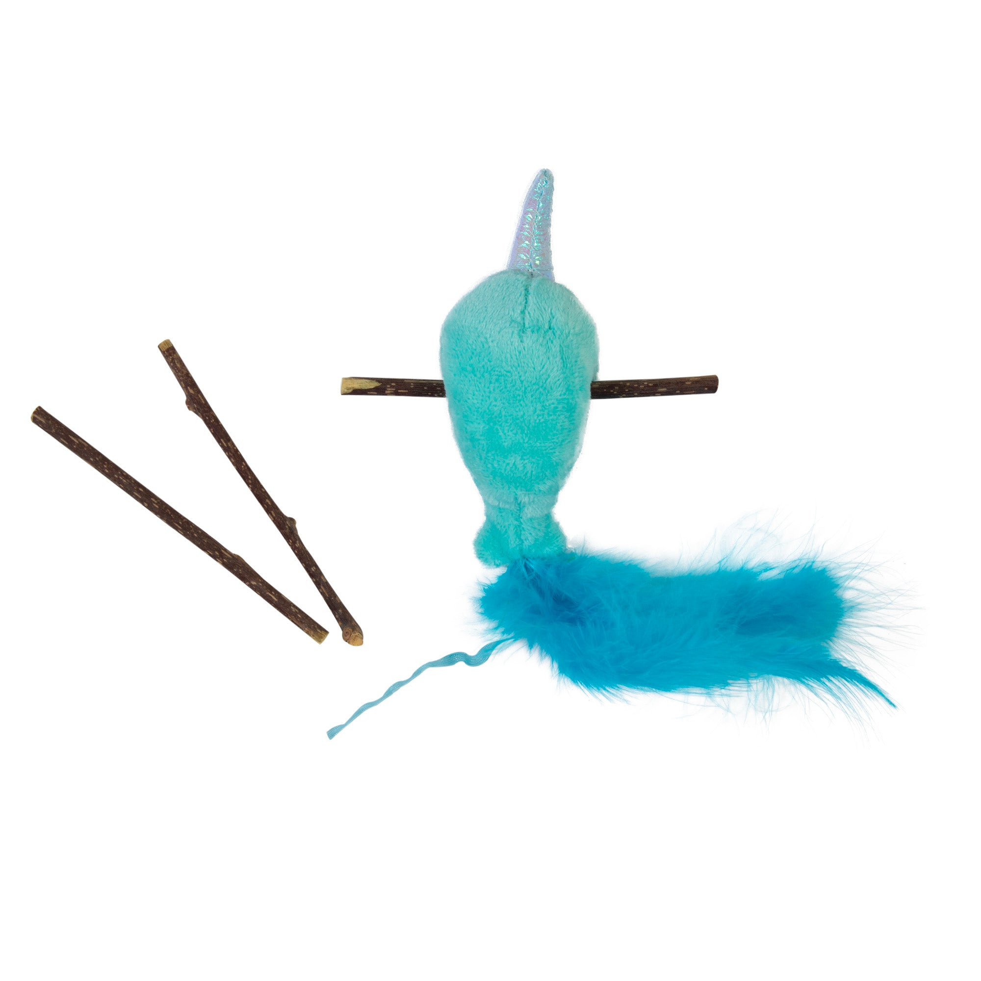 The Mad Cat Narwhal Cat Toy, featuring a plush turquoise body, shiny horn, and blue feathery tail, lies alongside three small brown sticks on a white background. Infused with silvervine to captivate feline friends.