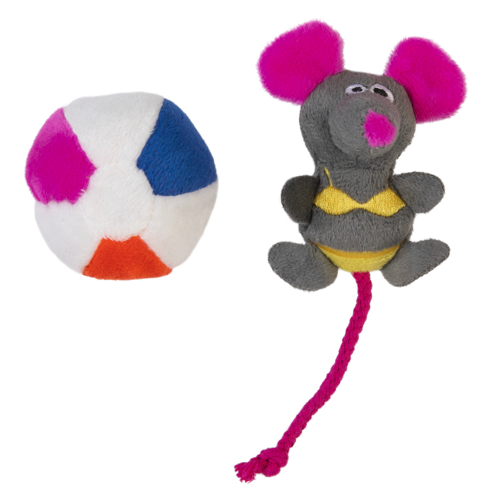 The Mad Cat Beach Babe Mouse, with vibrant pink ears and a yellow striped body, sits beside a multicolored fuzzy ball. Enriched with silvervine, its an ideal catnip alternative toy for your feline friend.