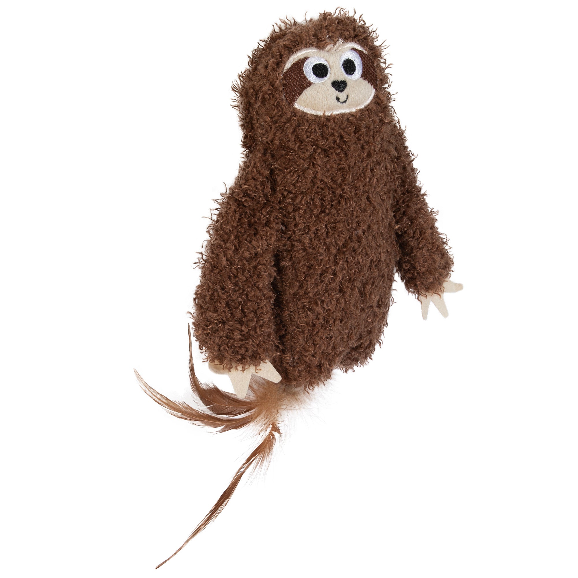 The Mad Cat Sloth Kicker Cat Toy, infused with catnip and silvervine, resembles a brown sloth with a fluffy texture, smiling face, long tail with a lighter tip, outstretched arms, and stands upright—ideal for engaging your feline friends.