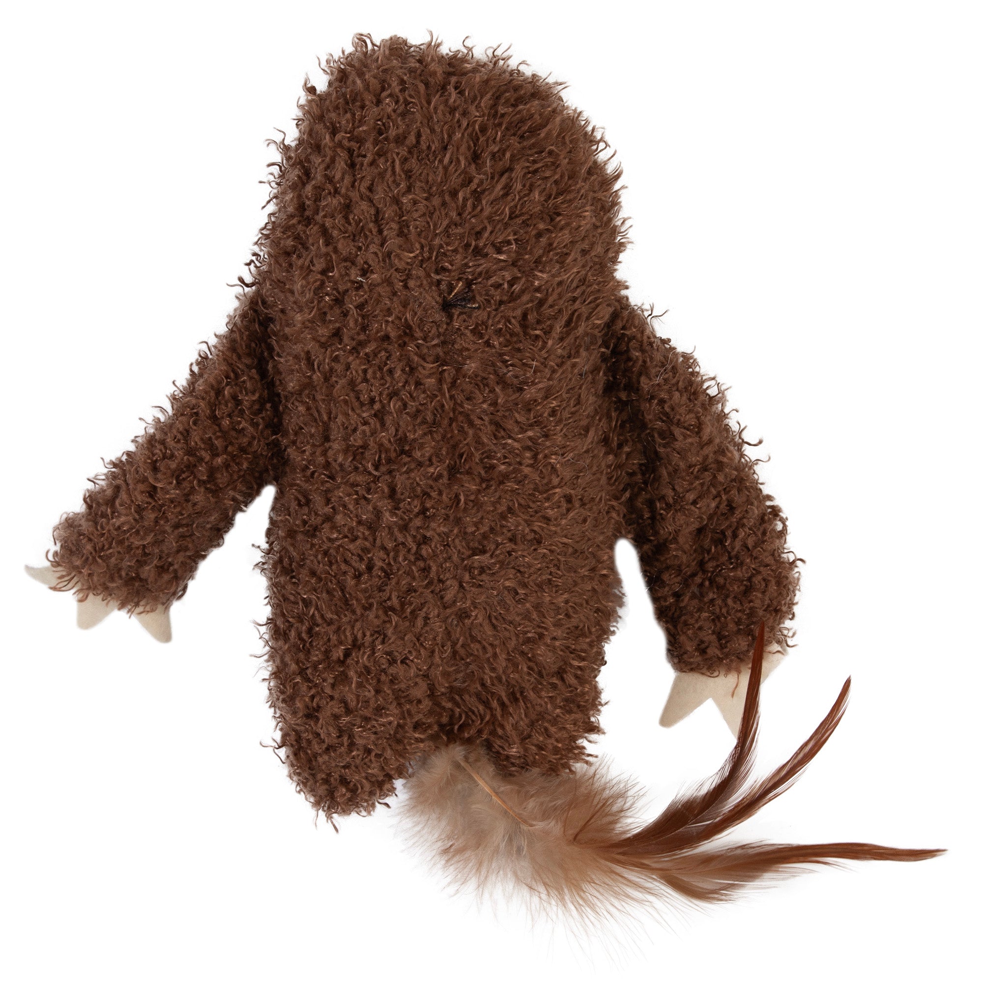 The Mad Cat Sloth Kicker Cat Toy features a curly brown fabric with two arms and a feathered tail. Infused with catnip and silvervine, its abstract, faceless design is perfect for cats, stimulating their senses and encouraging playful antics.