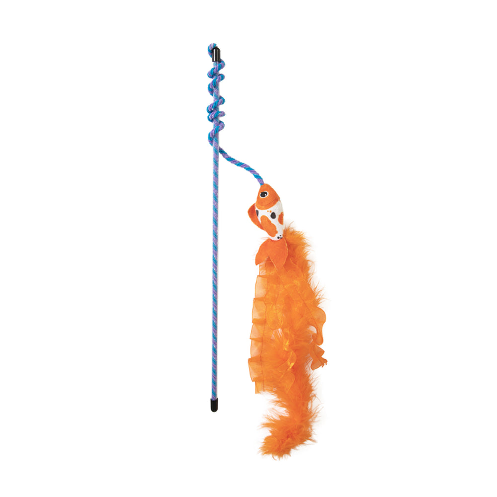 The Quirky Kitty Cute Koi Wand by Quirky Kitty is an interactive play toy with a blue and red striped wand, featuring a plastic hook and an orange fish-shaped charm with a feathery tail, designed to engage your cat in endless fun.