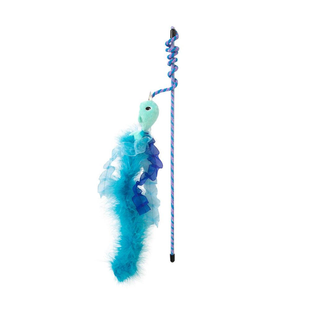 The Quirky Kitty Nifty Narwhal Wand features a blue rod with a spiraled, multicolored string attached to an aqua and dark blue fluffy, feathered creature. Infused with catnip, its perfect for endless feline fun.