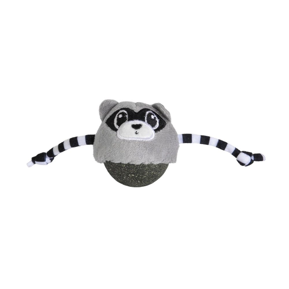 The Quirky Kitty Rolly Raccoon Catnip Bobbler Cat Toy features a round raccoon shape with a gray plush head, black and white striped arms, and a glittery dark green base. Its wobbling movement engages your felines hunting instincts.